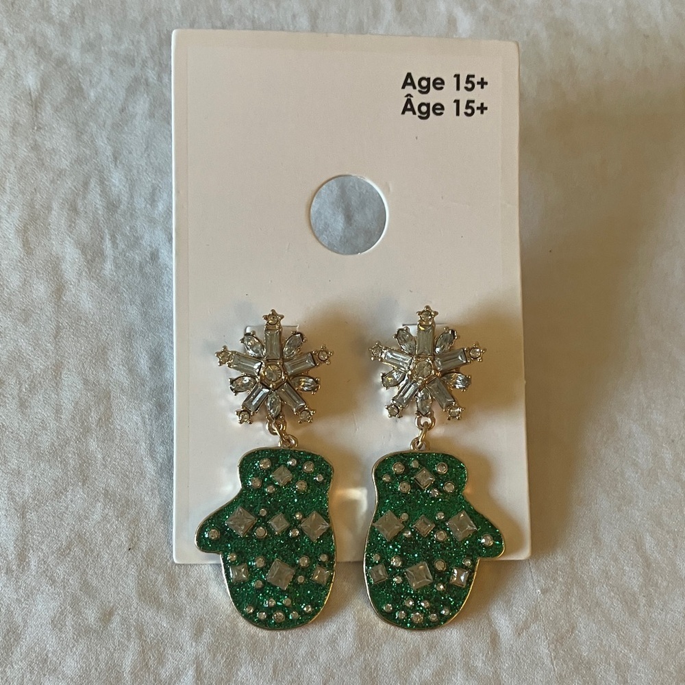 GAP: Green/Gold Tone Mitten  Earrings- Snowflakes- Christmas